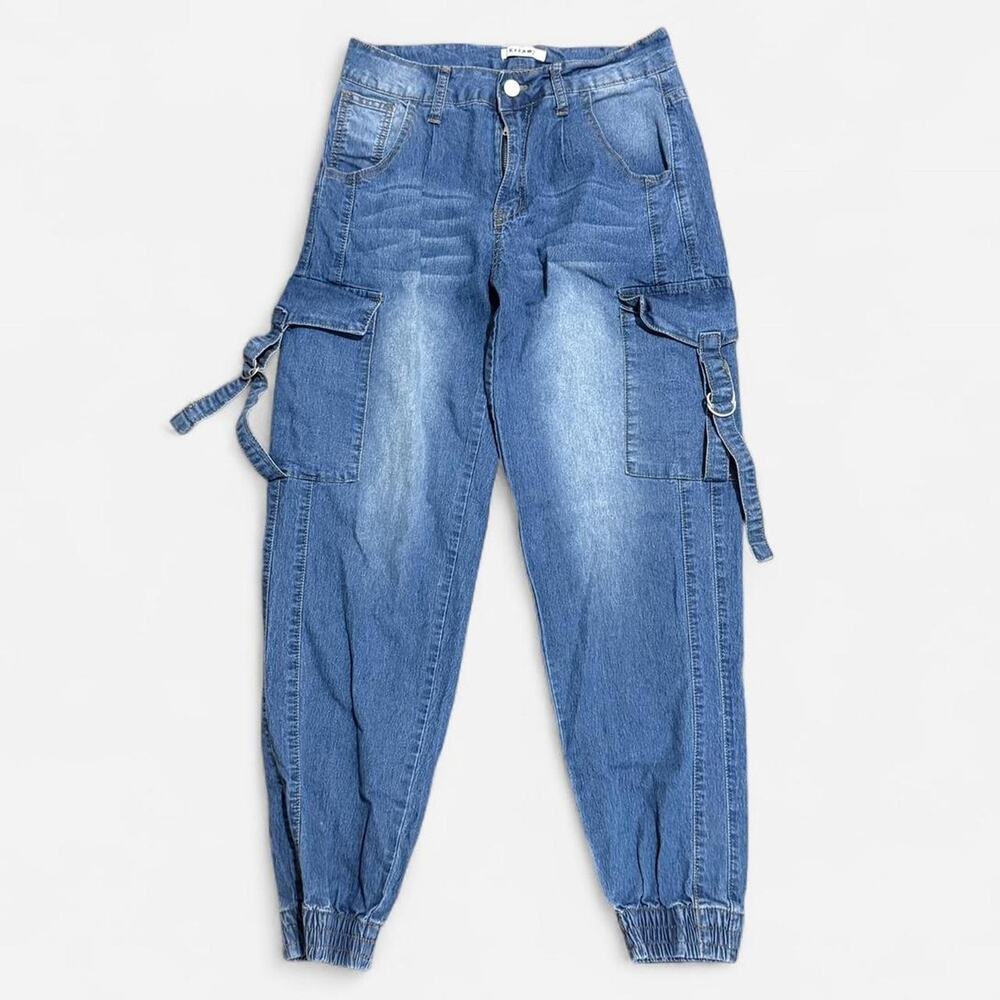 Y2K Kreamy Blue Washed Denim Tapered Mid-Rise Cargo Jeans S - Picture 2 of 6